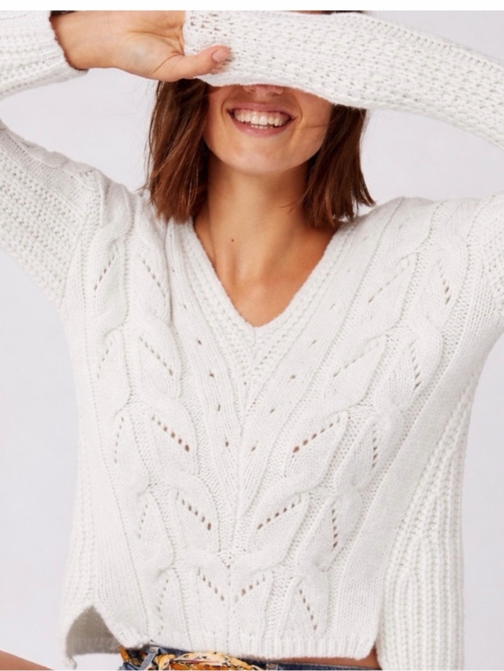 Anthropologie V-neck Chunky Cable Knit Relaxed Boho Cottagecore Preppy Swater S